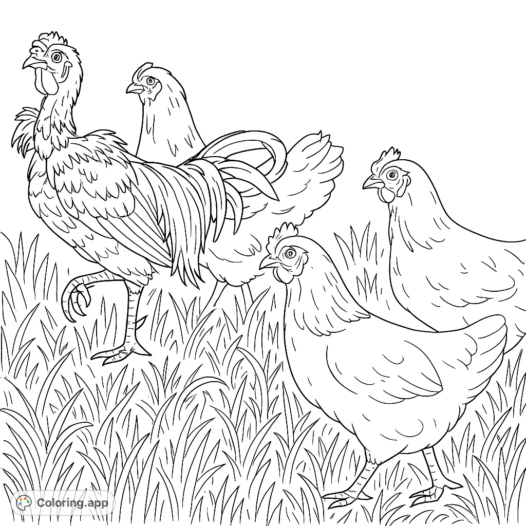 A striking rooster with two hens in a vibrant grassy field. This farm animal coloring page offers intricate feather details and a lively rural scene for all ages.