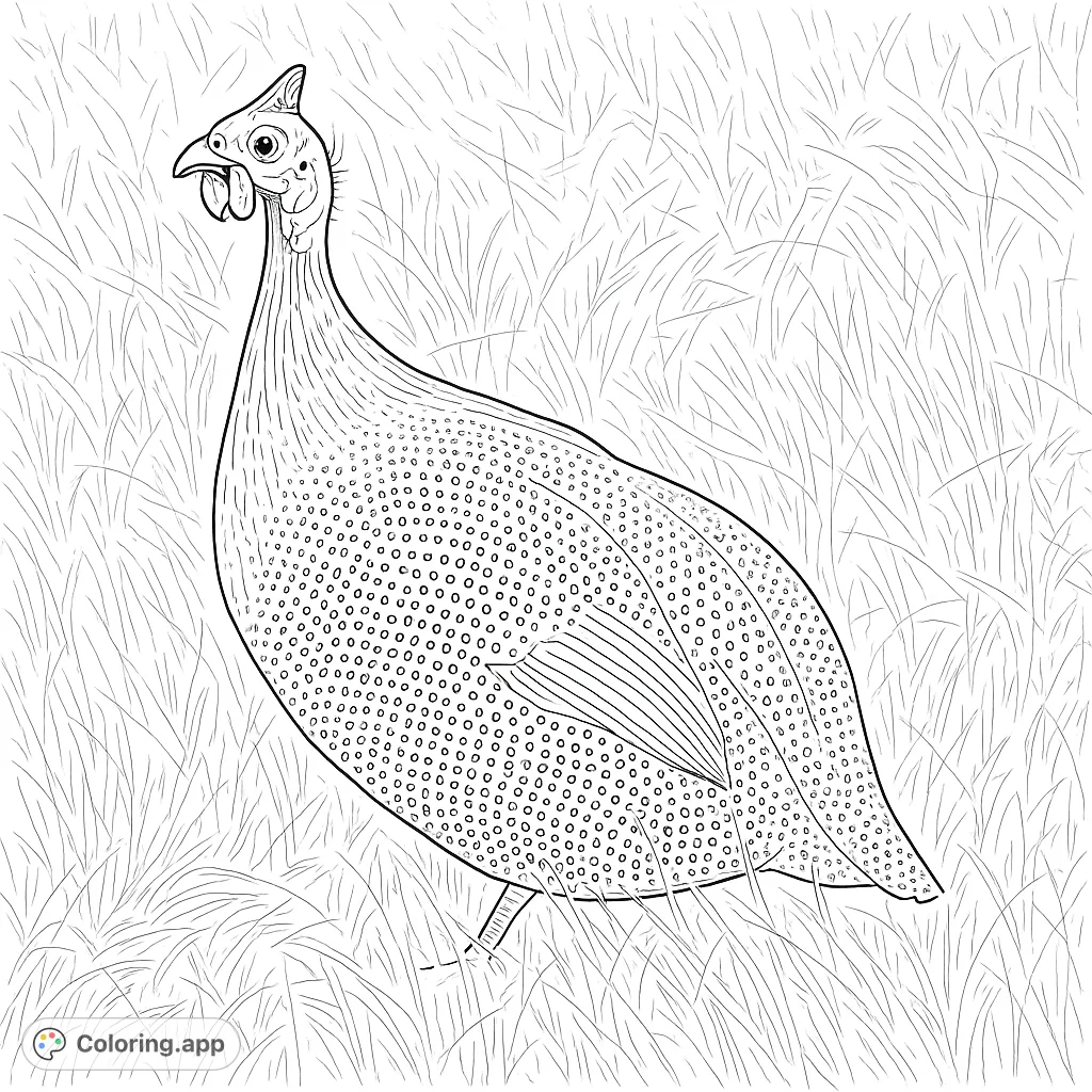 Discover a unique guinea fowl coloring page, featuring its distinctive spotted plumage and intricate head details amidst a field of tall grass.