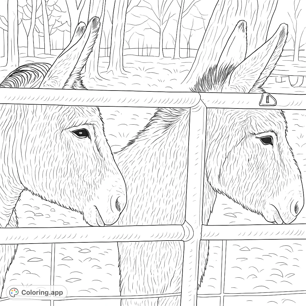 A charming coloring page featuring two friendly donkeys peeking through a metal fence in a rural setting, perfect for animal lovers.