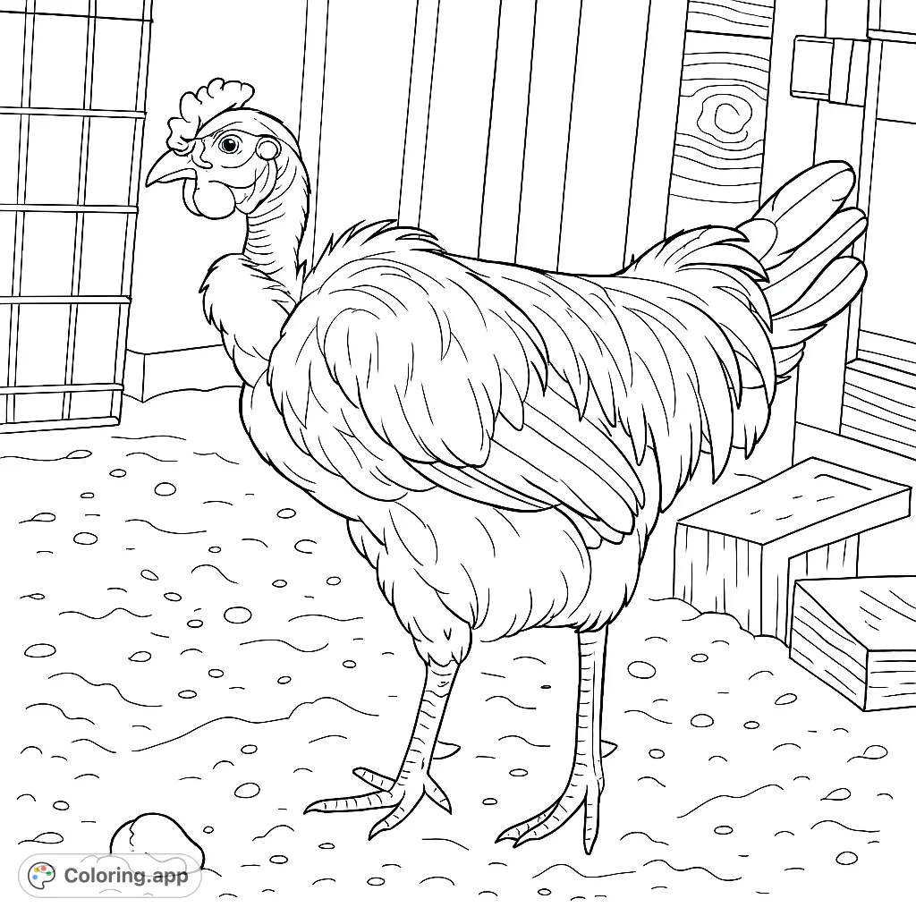 A unique chicken with a bare neck stands on a farm, ready for a creative splash of color. Explore its distinctive features and rustic setting.