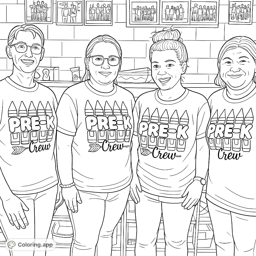 A fun Pre-K Crew coloring page featuring four educators with crayon-themed shirts, perfect for school-themed activities and appreciation.