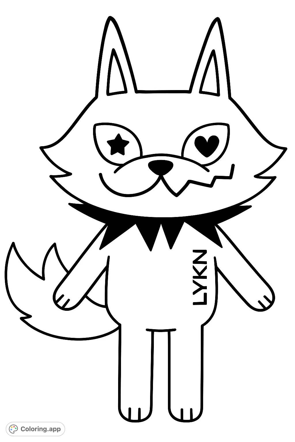 A charming cartoon wolf with unique star and heart eyes, a spiked collar, and a friendly, jagged smile. Perfect for creative coloring fun!