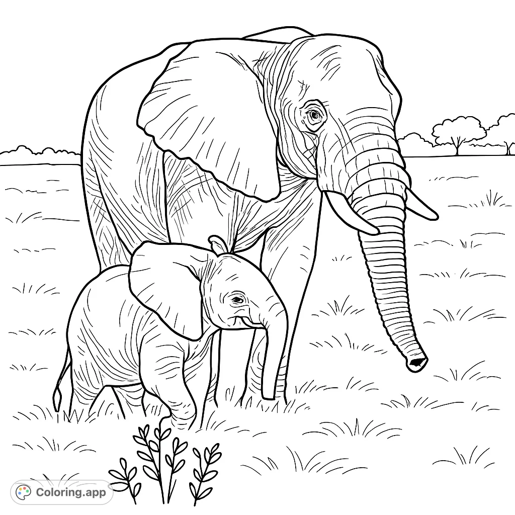 A heartwarming scene of a majestic adult elephant and its adorable calf walking through a grassy plain, perfect for animal lovers.