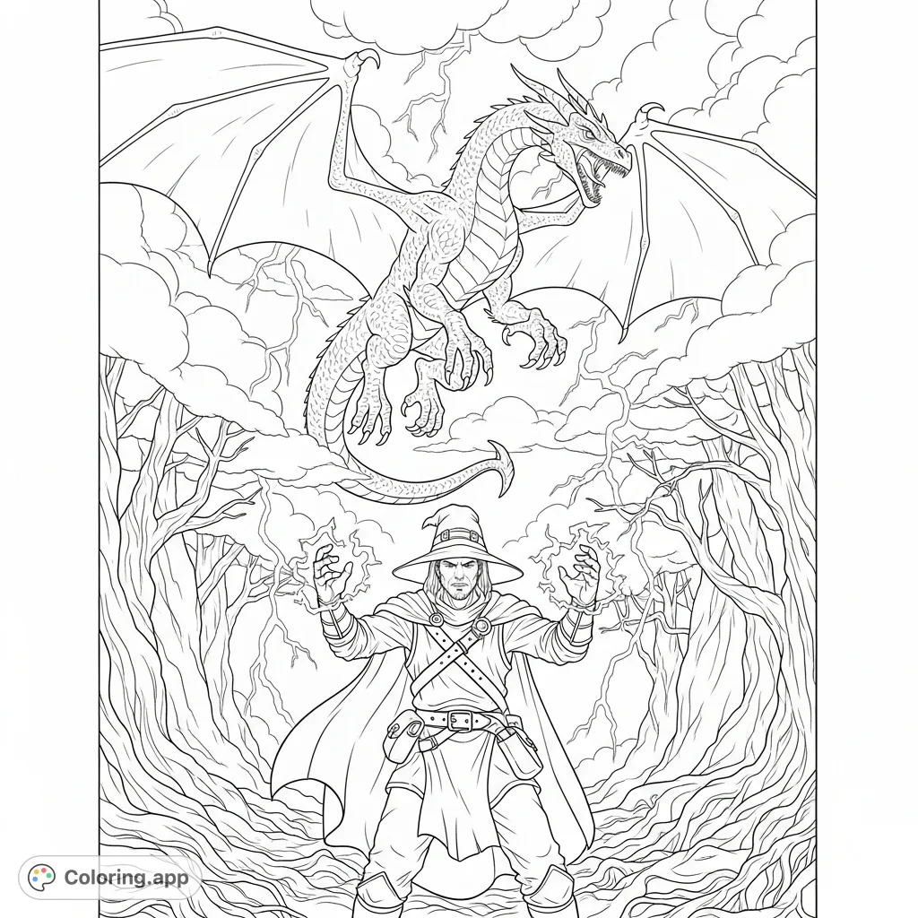 An epic fantasy scene featuring a determined wizard casting a spell in an ancient forest, confronted by a magnificent dragon amidst a stormy sky. A thrilling adventure awaits your colors.