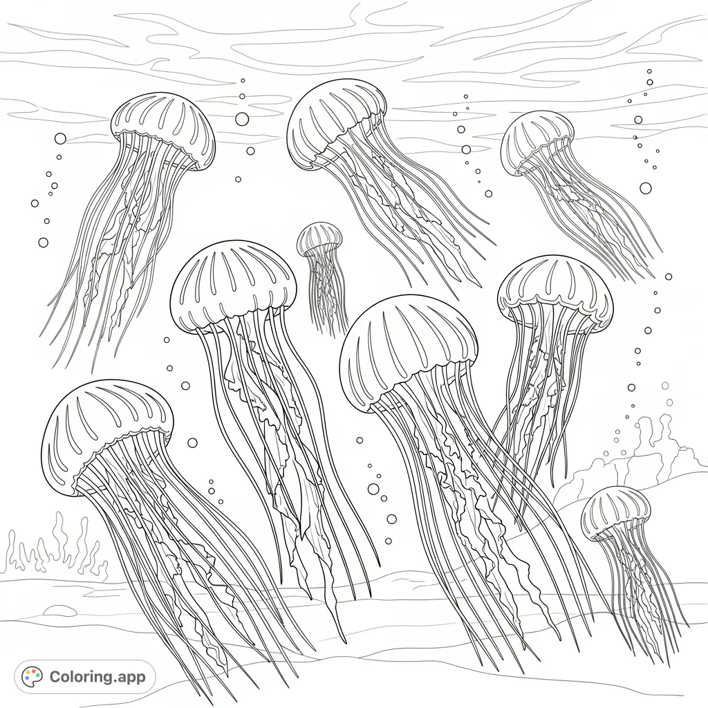 A vibrant underwater scene featuring multiple jellyfish gracefully dancing amidst ocean currents and bubbles. Perfect for a relaxing coloring experience.
