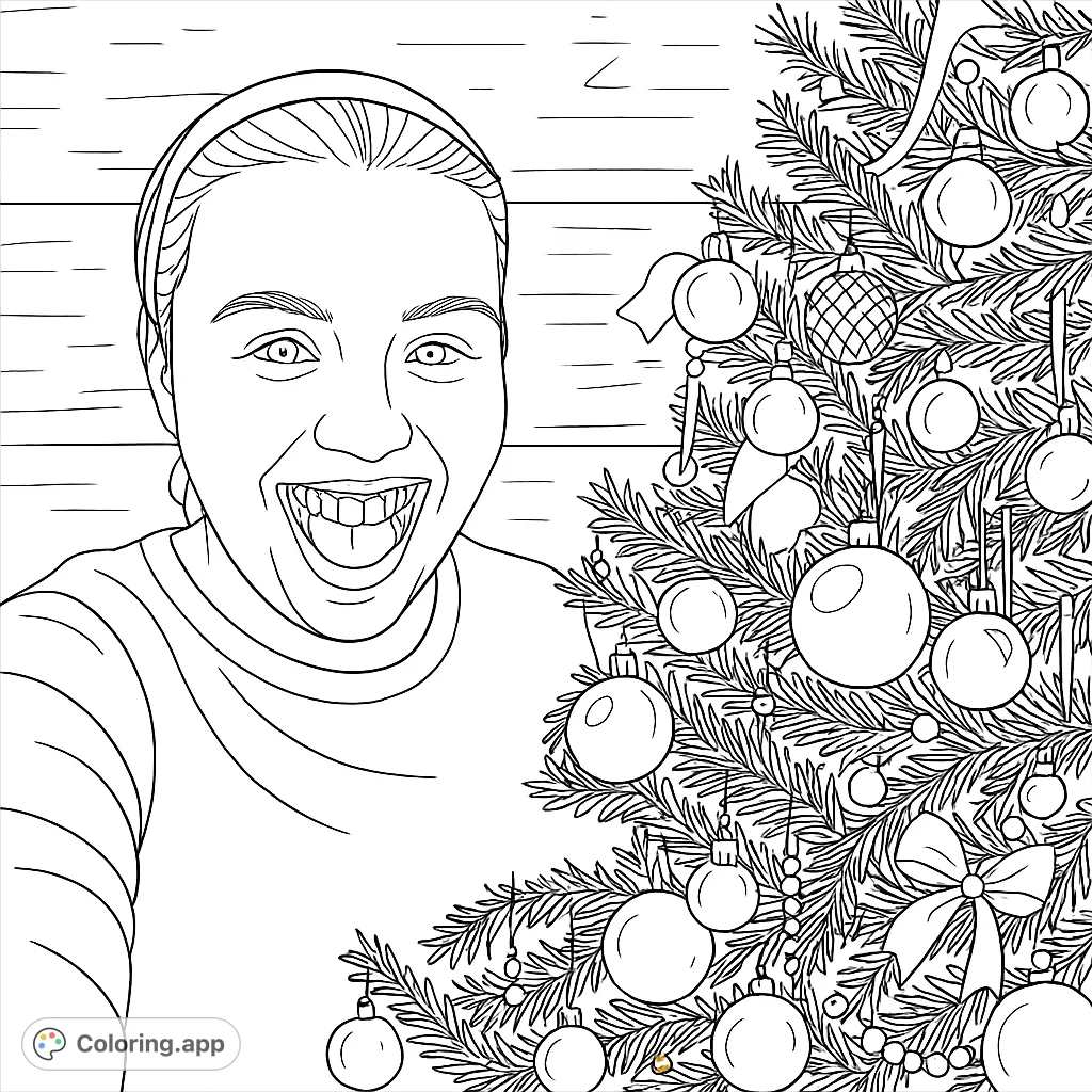 Capture the festive spirit with a joyful person next to a beautifully decorated holiday tree, perfect for spreading cheer and creative expression.