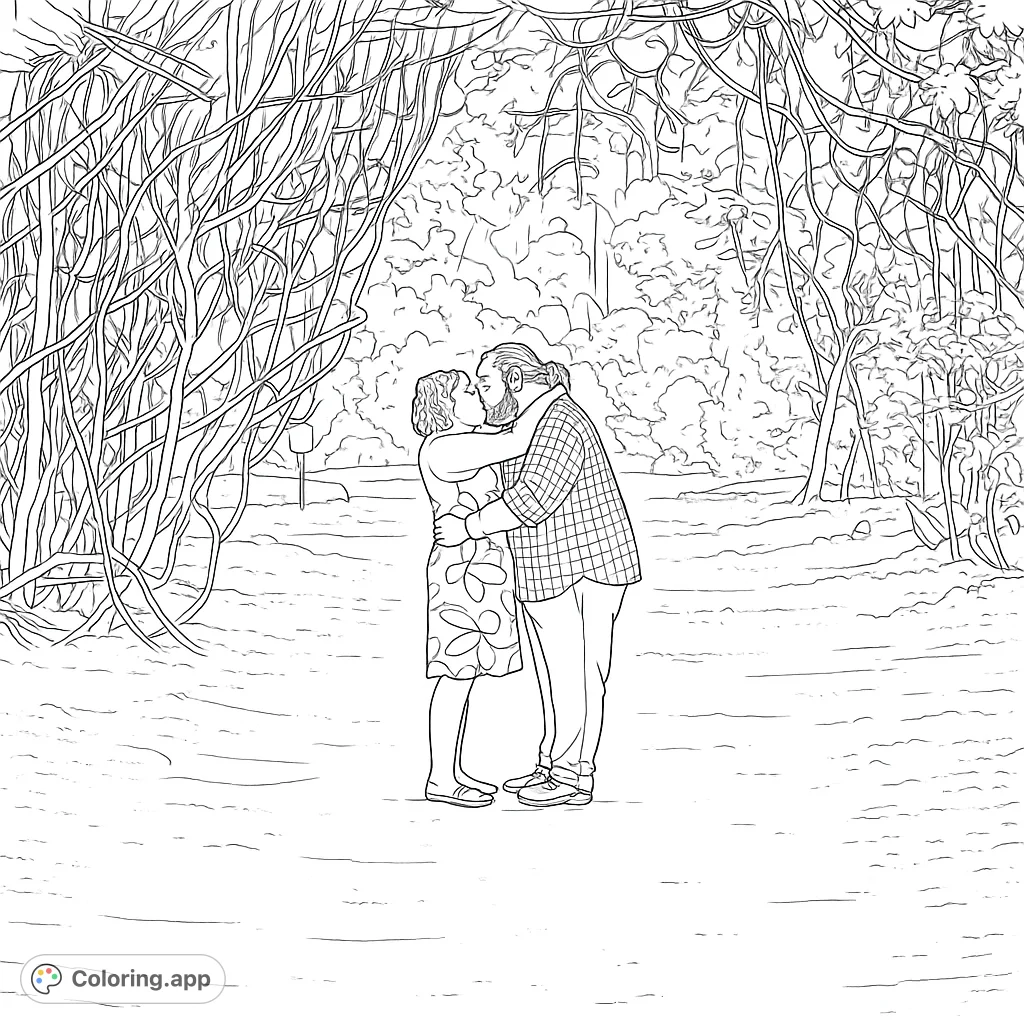 A loving couple shares a tender kiss under a canopy of intertwined vines, surrounded by natural beauty. A romantic scene perfect for coloring.