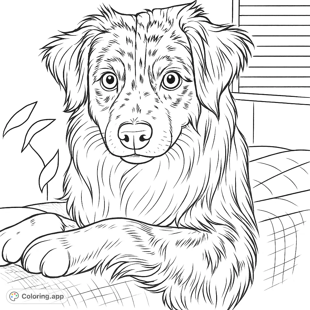 An adorable dog with unique fur patterns rests on a couch, offering a charming and engaging coloring experience for all ages.