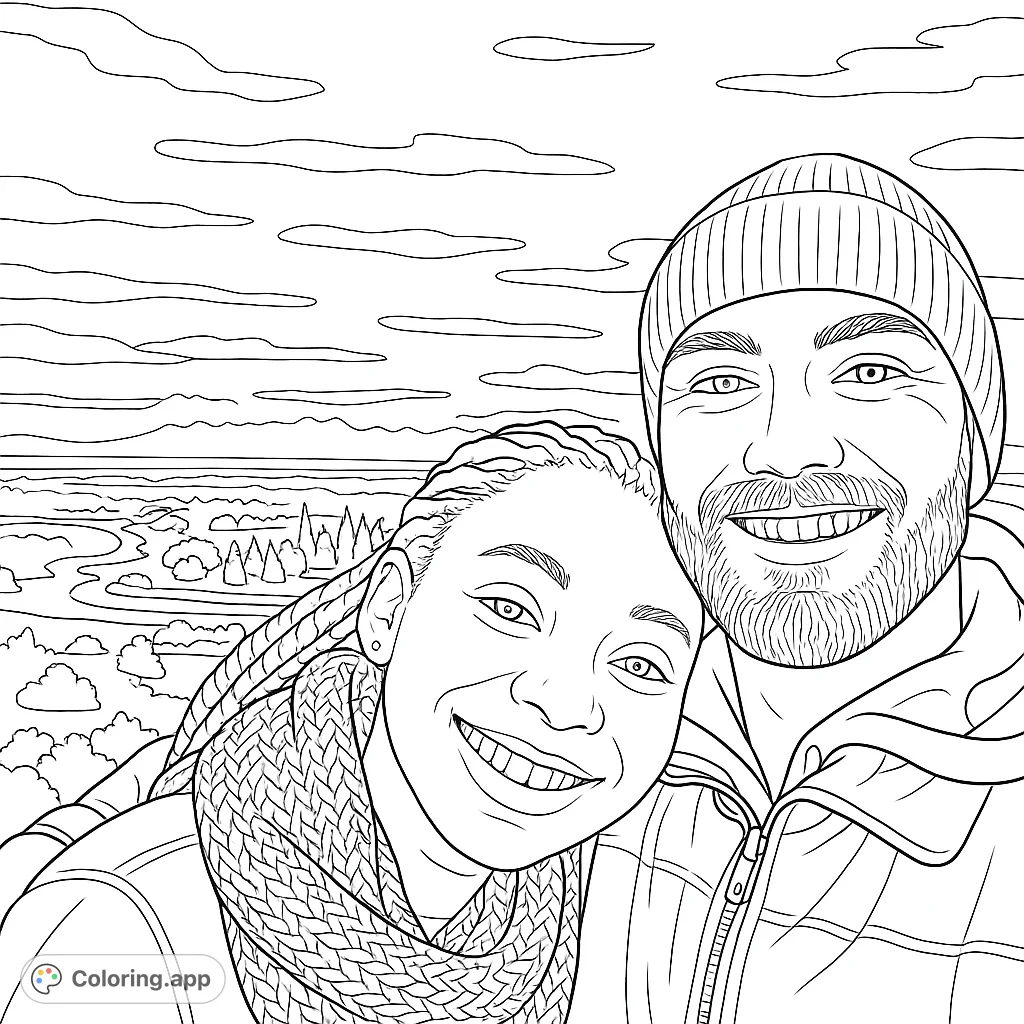 A heartwarming portrait of a smiling couple against a vast, scenic landscape. Perfect for capturing moments of joy and natural beauty.