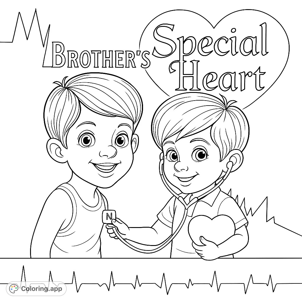 Two smiling brothers, one listening to the other's heart with a stethoscope, surrounded by heart and heartbeat motifs. A heartwarming scene.