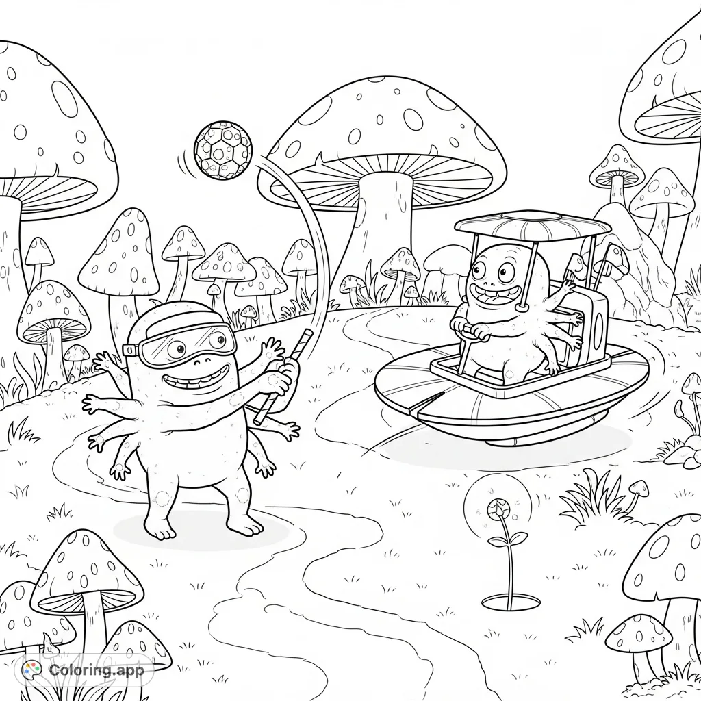 Embark on an intergalactic golf adventure! Two whimsical aliens play a lively game amidst giant fungi and a floating lily pad cart on a distant planet.