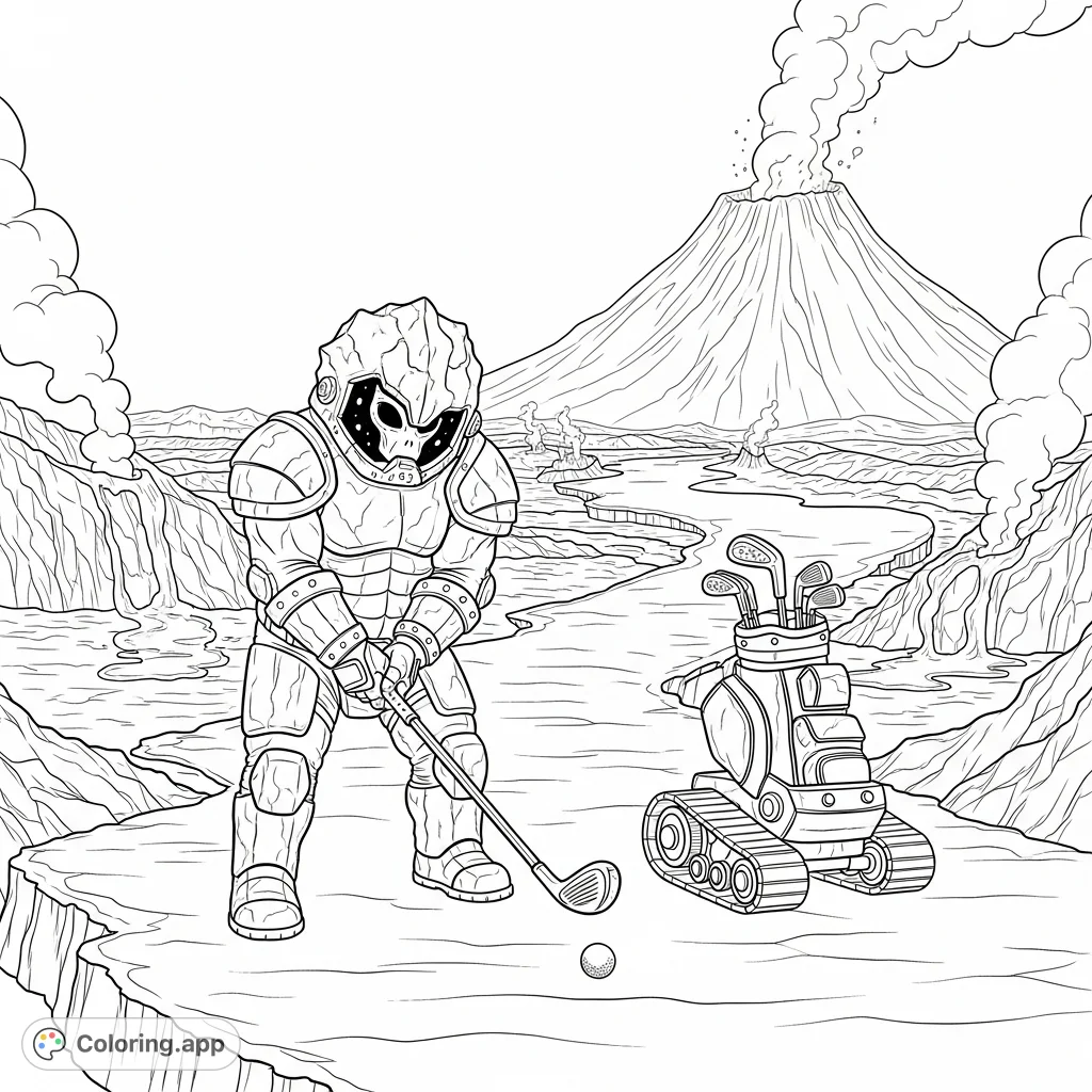 An armored alien golfer prepares to drive a golf ball across a dramatic volcanic landscape, flanked by lava flows and smoking vents, with a robotic caddy.