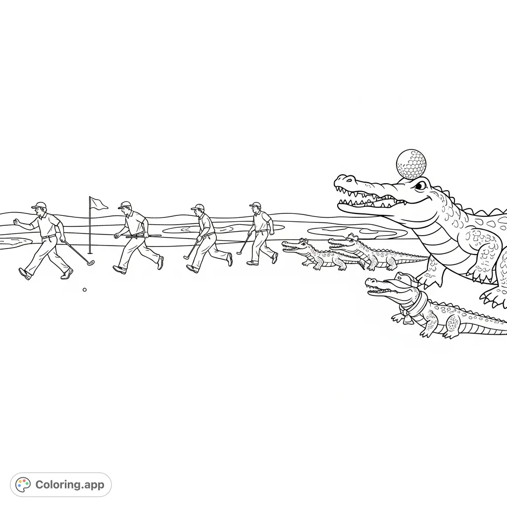 A humorous golf course scene where golfers are comically fleeing a procession of alligators, one with a golf ball on its snout. A fun challenge for all ages.