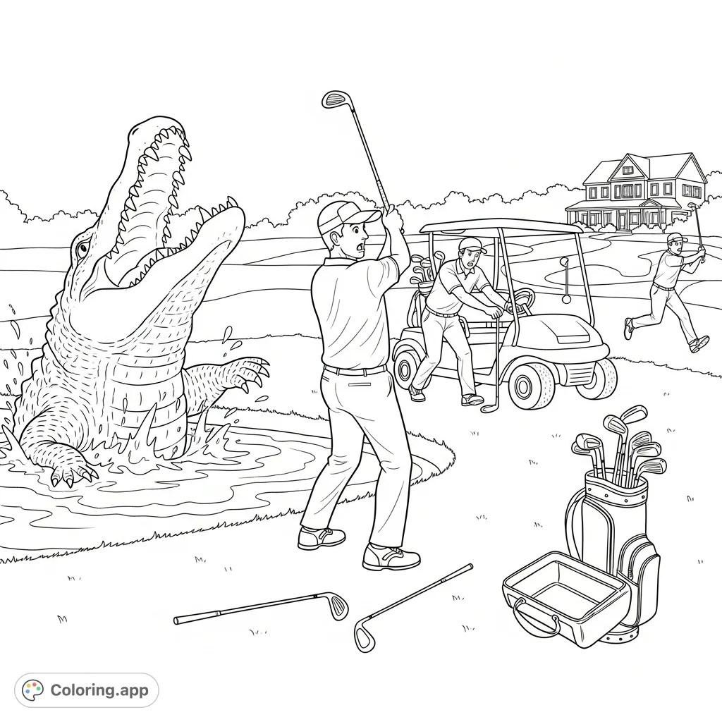 Experience a wild day on the links! A golfer's swing is interrupted by a leaping alligator, while others flee in a humorous, frantic golf course scene.