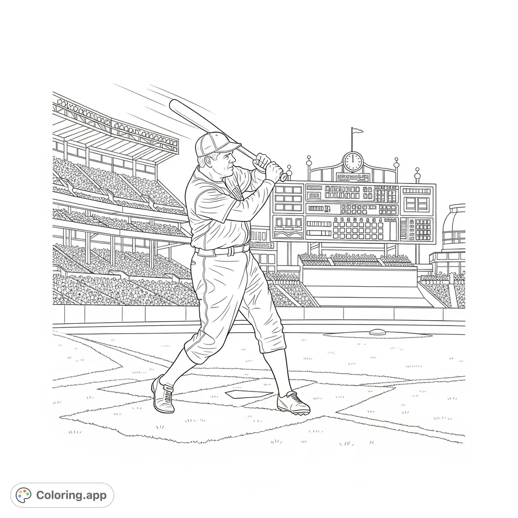 Capture the legendary Babe Ruth at bat in a classic ballpark scene. A detailed depiction of the iconic slugger, ready to hit a home run.