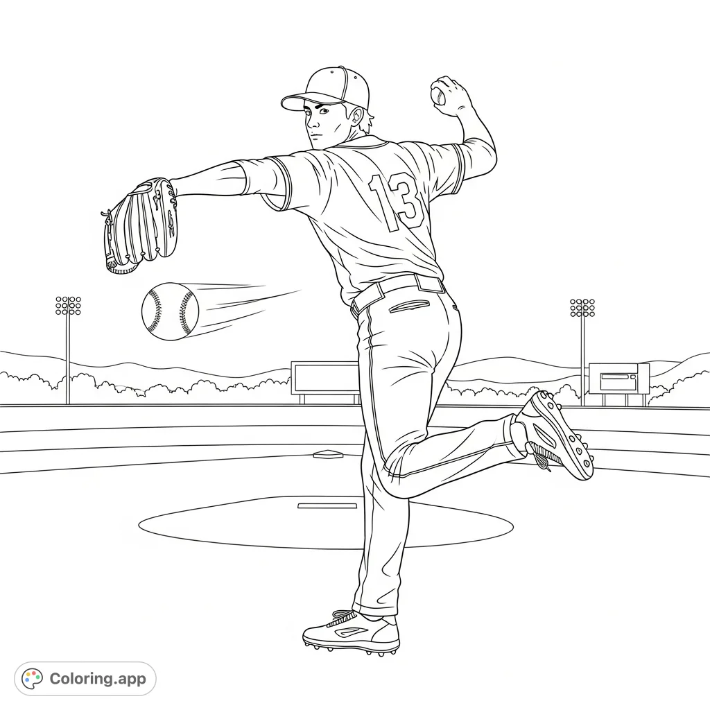 Experience the thrill of the game with this dynamic baseball player coloring page, capturing a pitcher mid-throw on the mound. Perfect for sports fans!