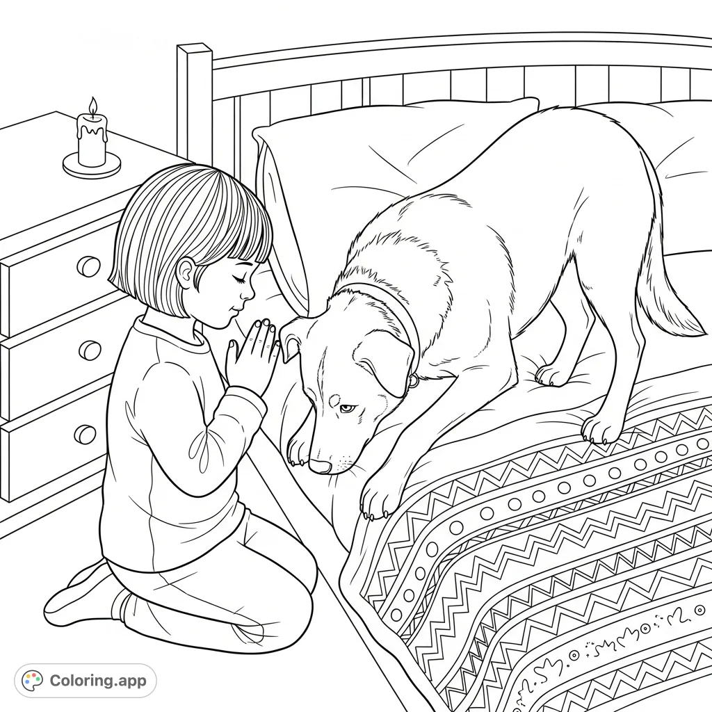 A heartwarming bedtime prayer scene featuring a child and their loyal dog beside a cozy bed, perfect for quiet reflection and creative coloring.