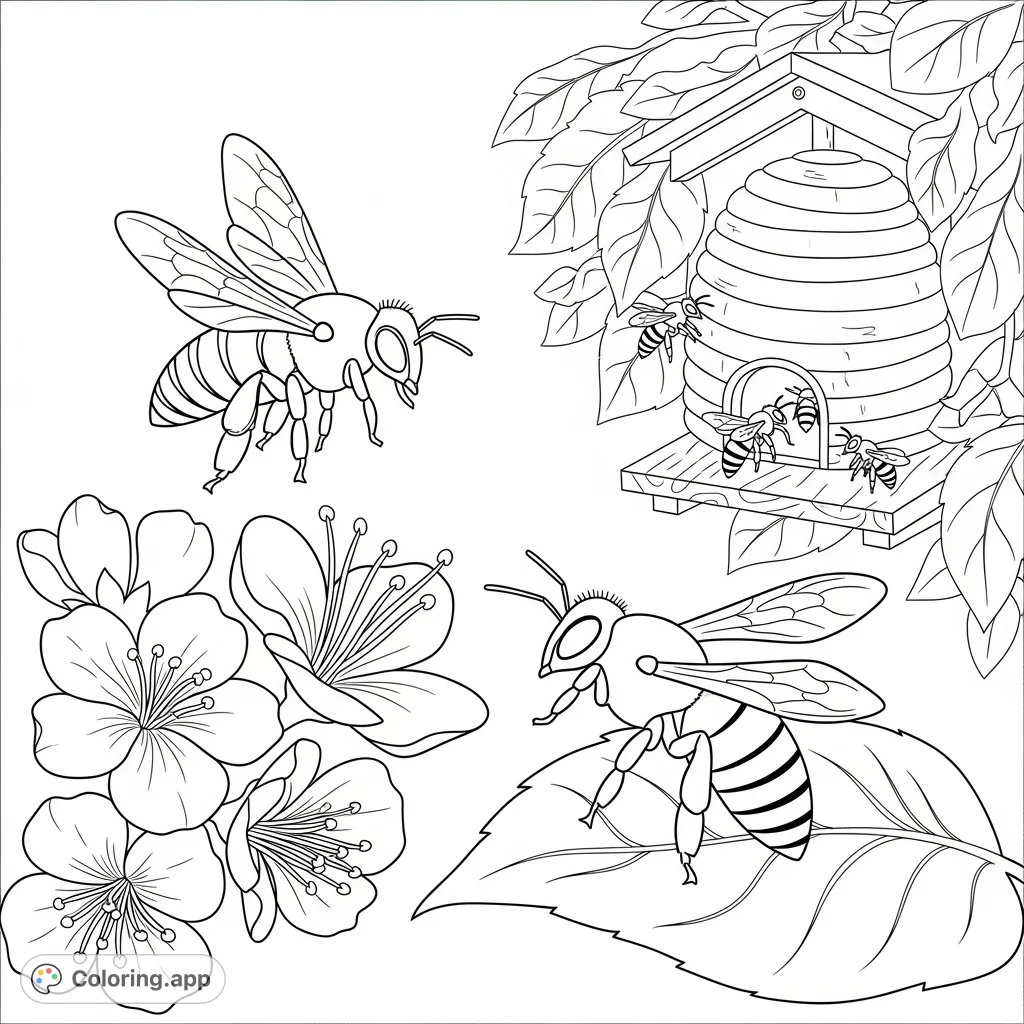 Discover a charming honey bee coloring page featuring busy bees, intricate flowers, and a detailed beehive. Perfect for nature lovers and all ages!
