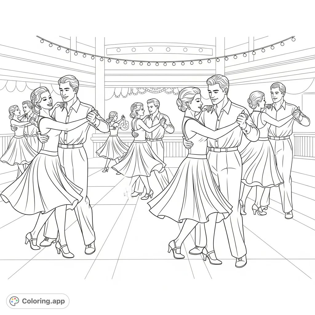 Capture the joy of the Carolina Shag with this dynamic coloring page featuring couples dancing in elegant attire on a classic dance floor.