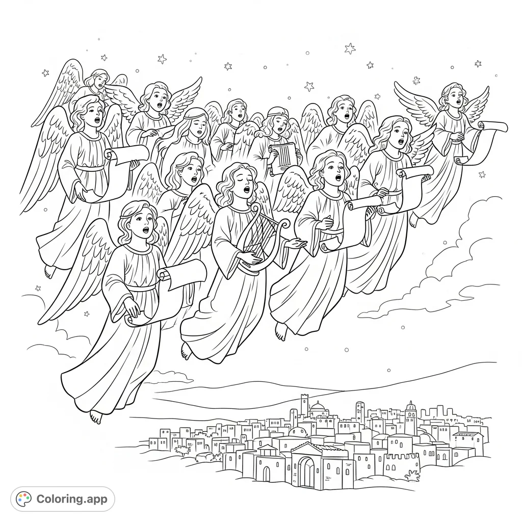 A majestic celestial choir of angels hovers above the ancient town of Bethlehem, singing joyfully under a star-filled night sky. A detailed scene.