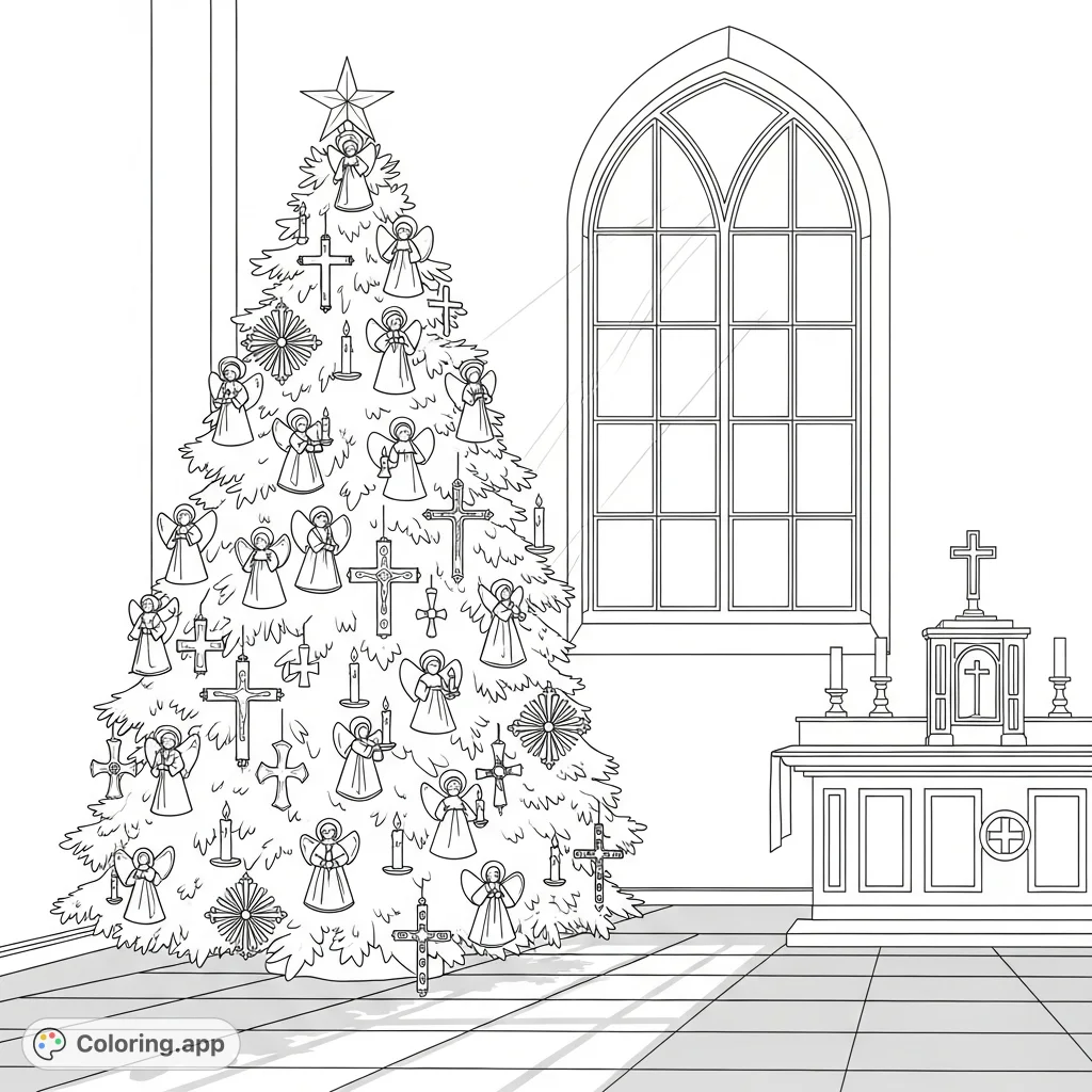 A serene chapel scene featuring a grand Christmas tree adorned with angels and ornate crosses, bathed in sunlight streaming through an arched window. A peaceful holiday vision.