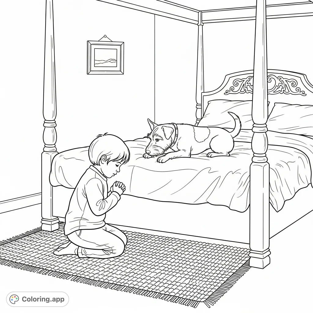A heartwarming scene of a child and their terrier mix in a moment of quiet reflection by a four-poster bed. Perfect for teaching peace and mindfulness.