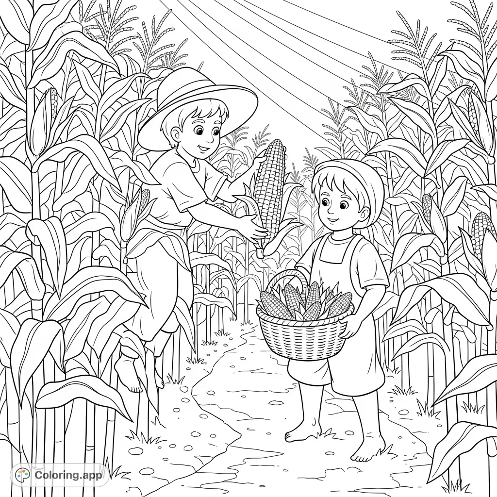 A charming cornfield scene featuring two children harvesting corn, with dappled sunlight and a winding path. Perfect for a free printable cornfield coloring page.