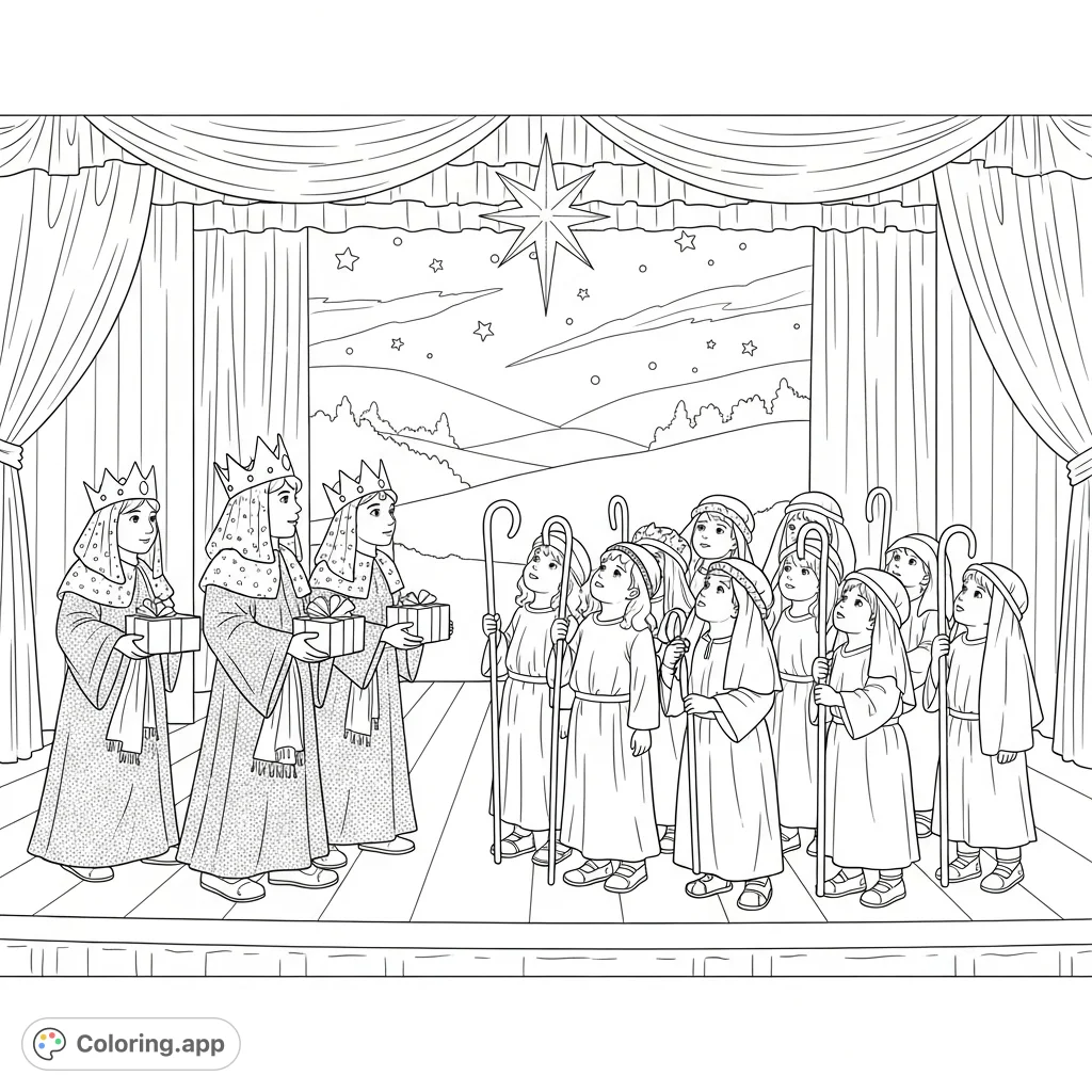 Capture the heartwarming scene of a children's Christmas pageant, featuring shepherds, Wise Men, and a starry stage backdrop. A festive free printable coloring page.