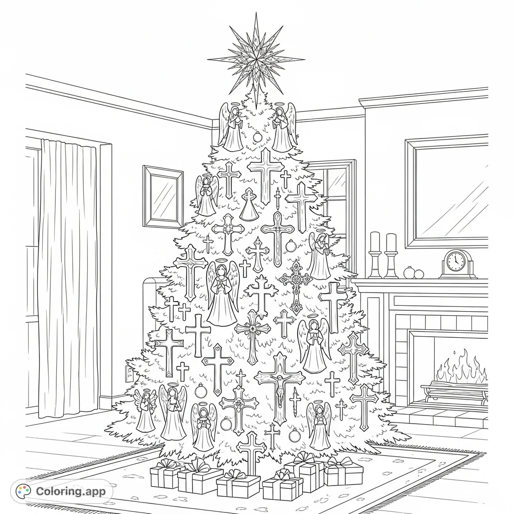 A majestic Christmas tree adorned with crosses, angels, and a star, surrounded by gifts and a cozy fireplace. A festive scene for all ages.