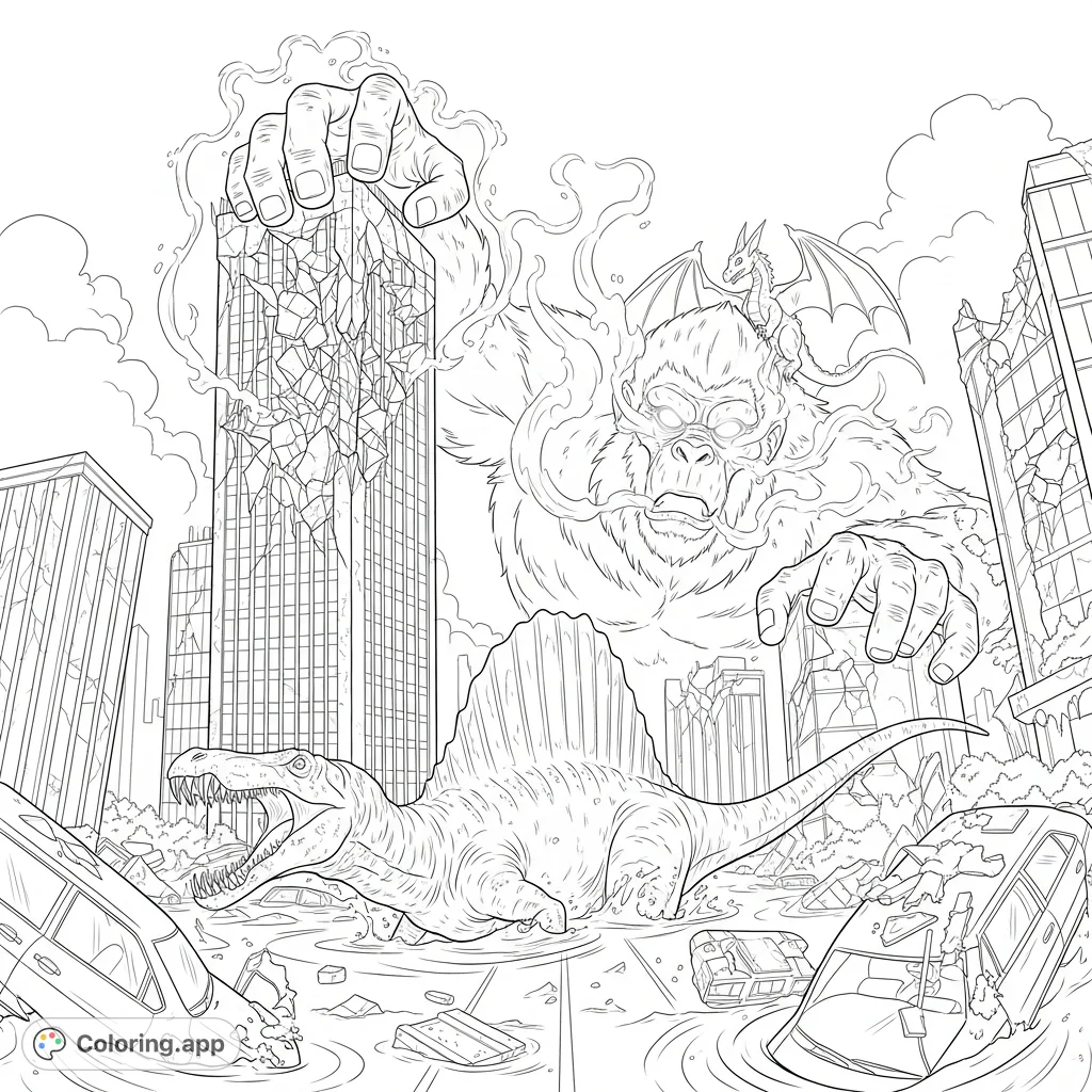 Witness a colossal ape-like monster scaling a crumbling skyscraper while a Spinosaurus roams flooded streets in a desolate, overgrown cityscape. A thrilling monster coloring page.