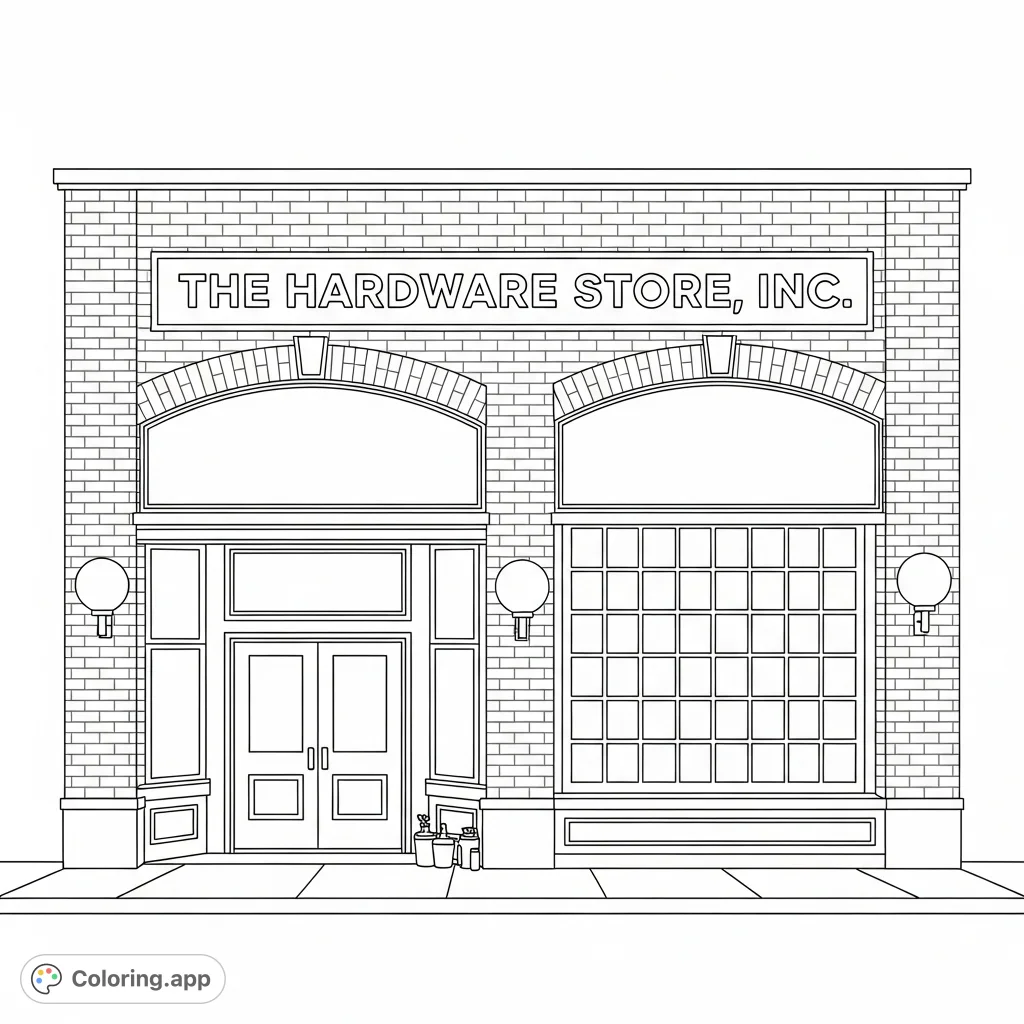 Explore a detailed classic brick hardware store storefront, complete with double doors, multi-pane windows, and a prominent sign. A charming architectural scene.