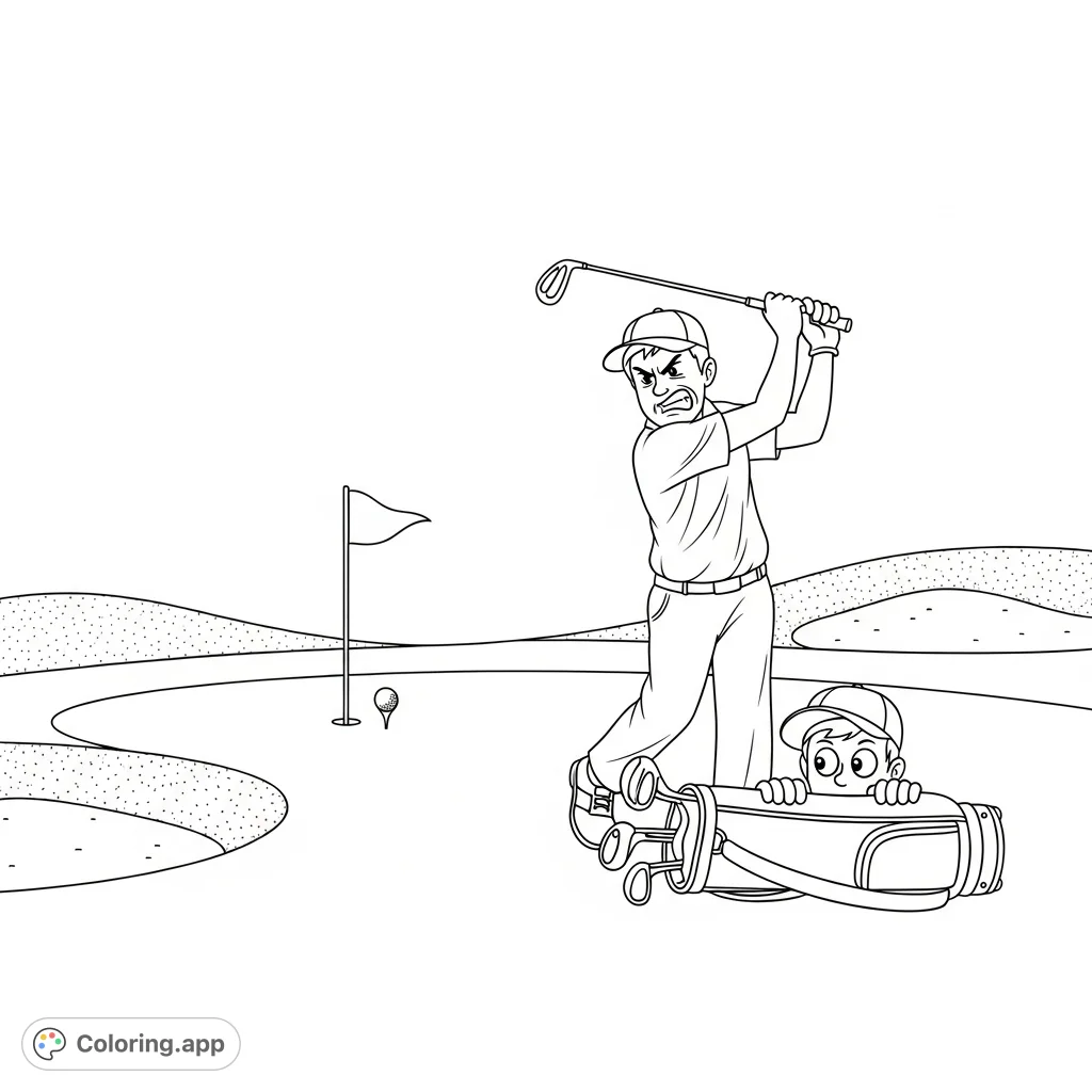 Capture a hilarious golf course moment with two golfers in a playful struggle. This free printable golf coloring page is perfect for sports fans!