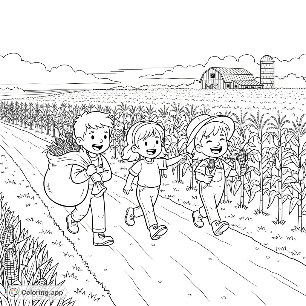Three joyful children explore a vast cornfield, carrying their harvest. A rustic barn and silo complete this charming farm scene, perfect for a delightful coloring adventure.