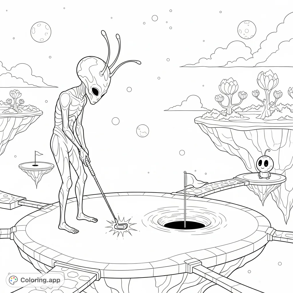 Embark on an intergalactic golf adventure! A graceful alien putts on a gravity-defying course amidst floating islands, luminous flora, and multiple moons.