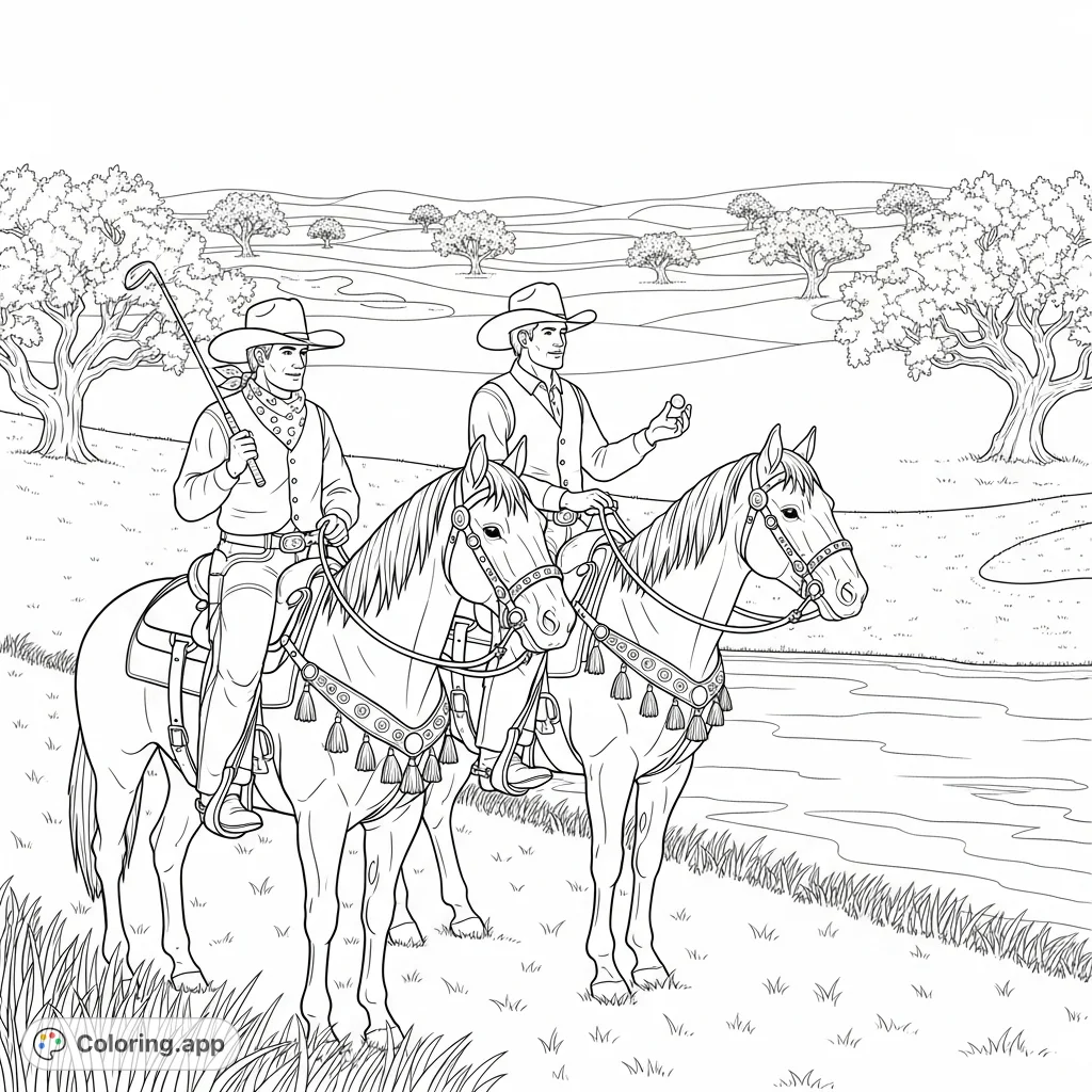 A unique coloring page featuring two cowboys on horseback, one with a golf club and the other with a golf ball, ready for a round on a scenic course.