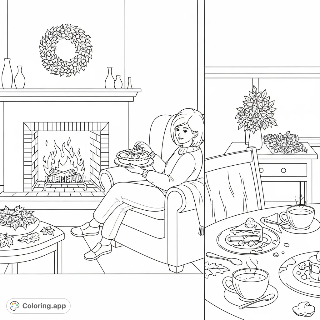 Capture the warmth of a Thanksgiving evening with a crackling fireplace, a person enjoying pie in an armchair, and a dining table with festive decor.