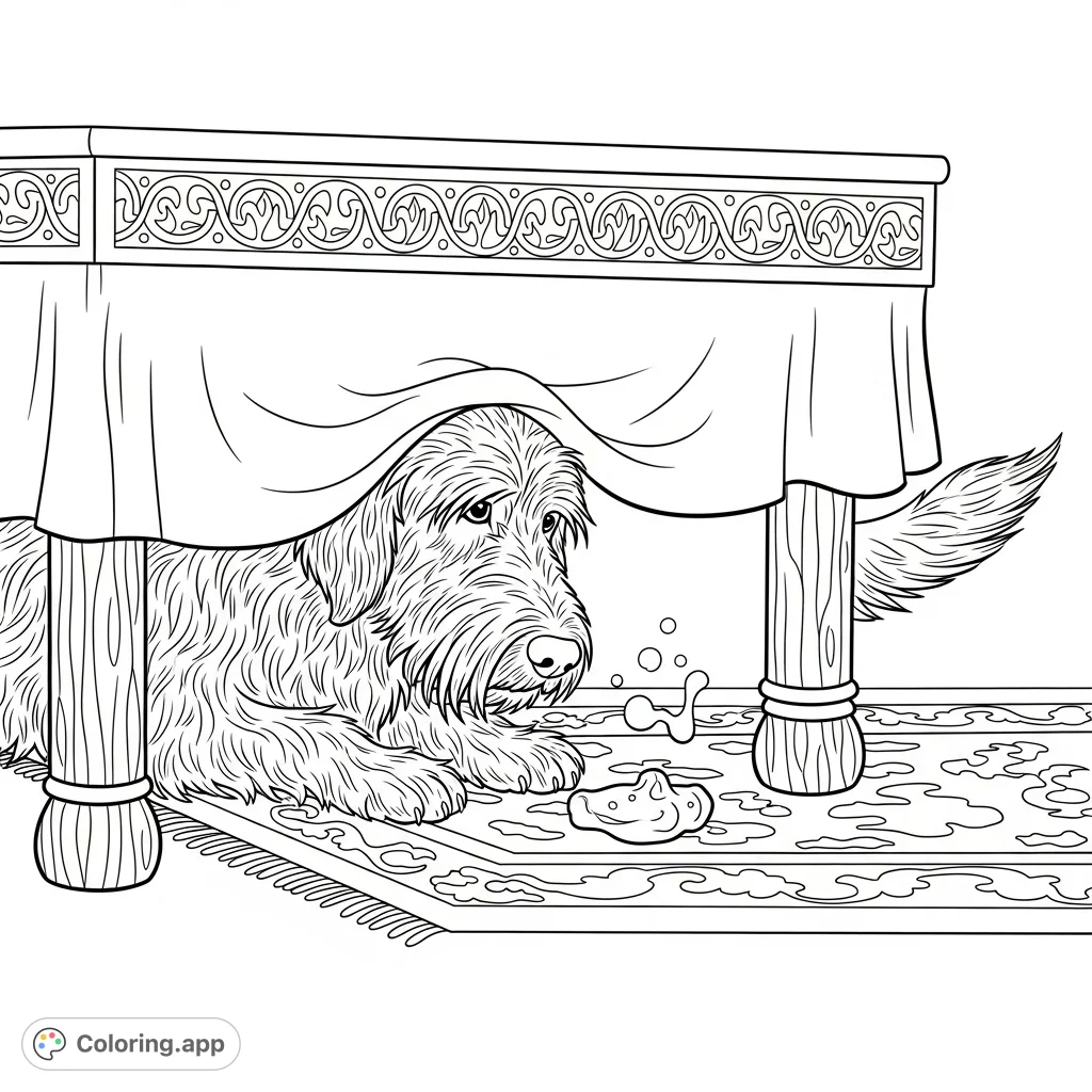 A shaggy retriever peeks from under a tablecloth, eyeing a dropped treat on a patterned rug. A charming scene with intricate details for a delightful coloring experience.
