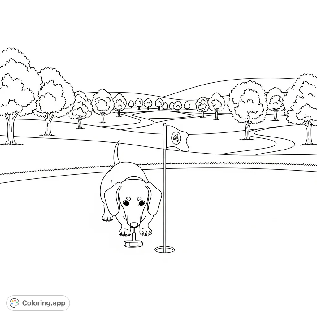 A determined Dachshund lines up a putt on a pristine golf green, surrounded by a scenic fairway. A charming and detailed scene for all ages.