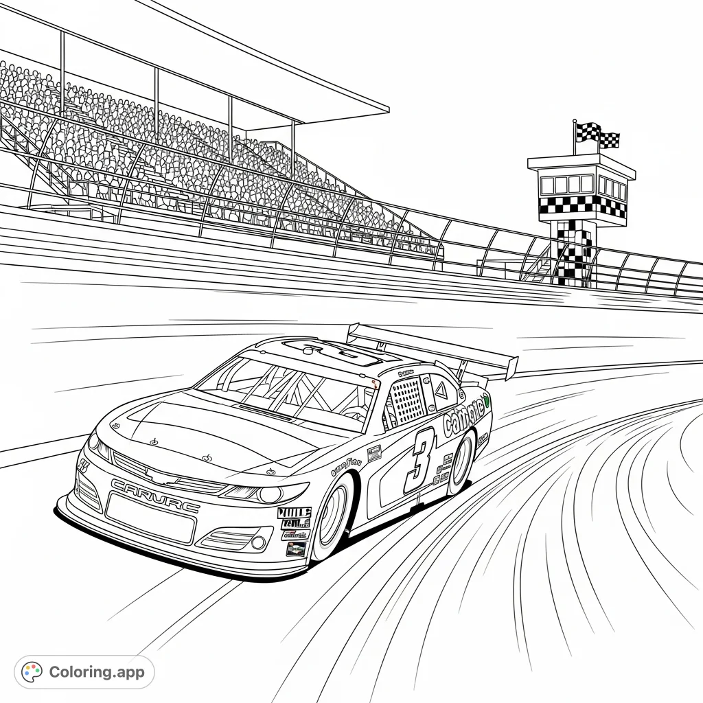Experience the thrill of stock car racing with this dynamic coloring page. A powerful race car speeds around a banked track, ready for your creative touch.