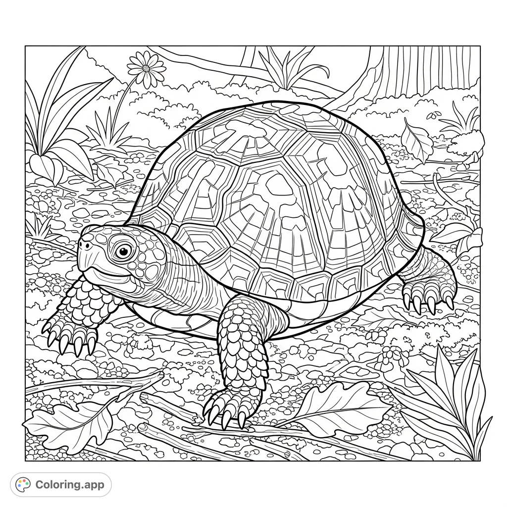 Explore the intricate details of an eastern box turtle with its patterned shell and textured skin, navigating a forest floor. A captivating nature scene.