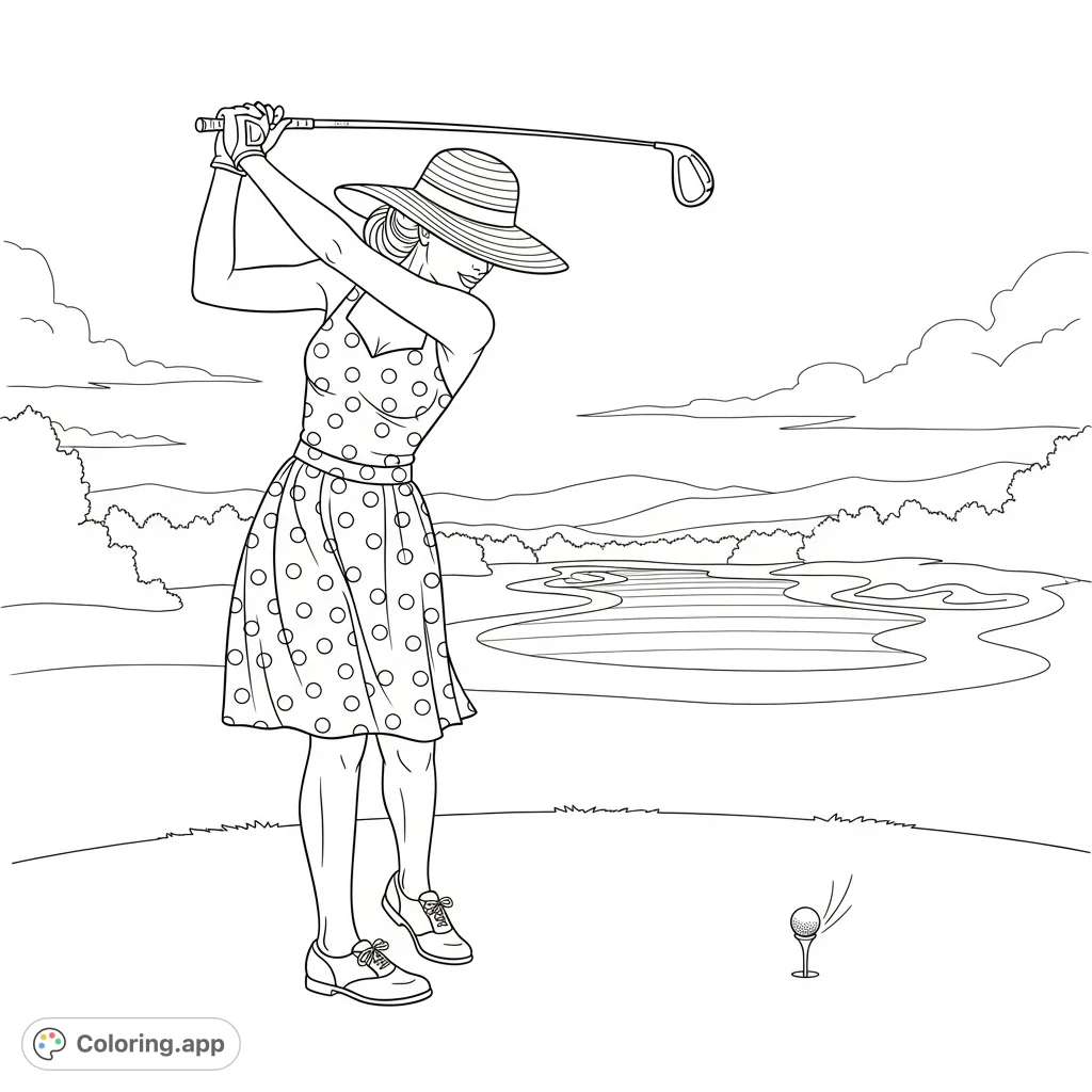 An elegant woman in a polka-dot sundress and straw hat swings a golf club on a lush golf course, with a ball in motion and distant hills under a vast sky.