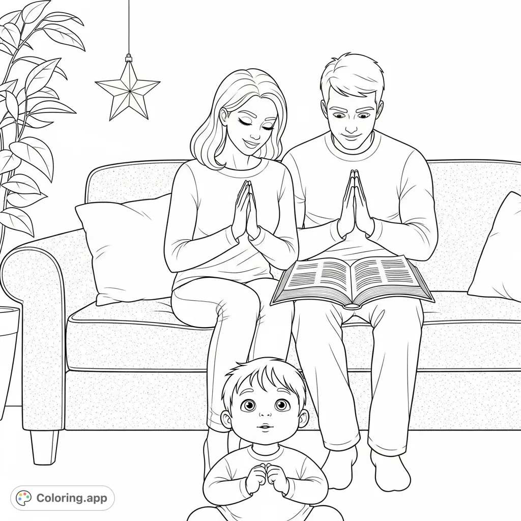 A heartwarming family scene featuring parents reading an open bible on a sofa, with their child on the floor mimicking their prayerful posture, a star ornament nearby.