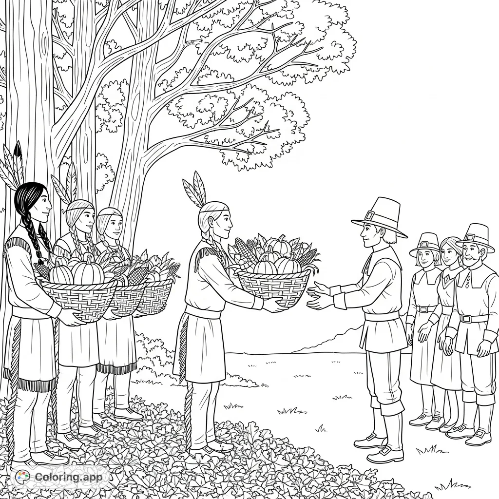 A historical Thanksgiving coloring page depicting Native Americans sharing a bountiful harvest of pumpkins, corn, and squash with Pilgrims in a clearing.