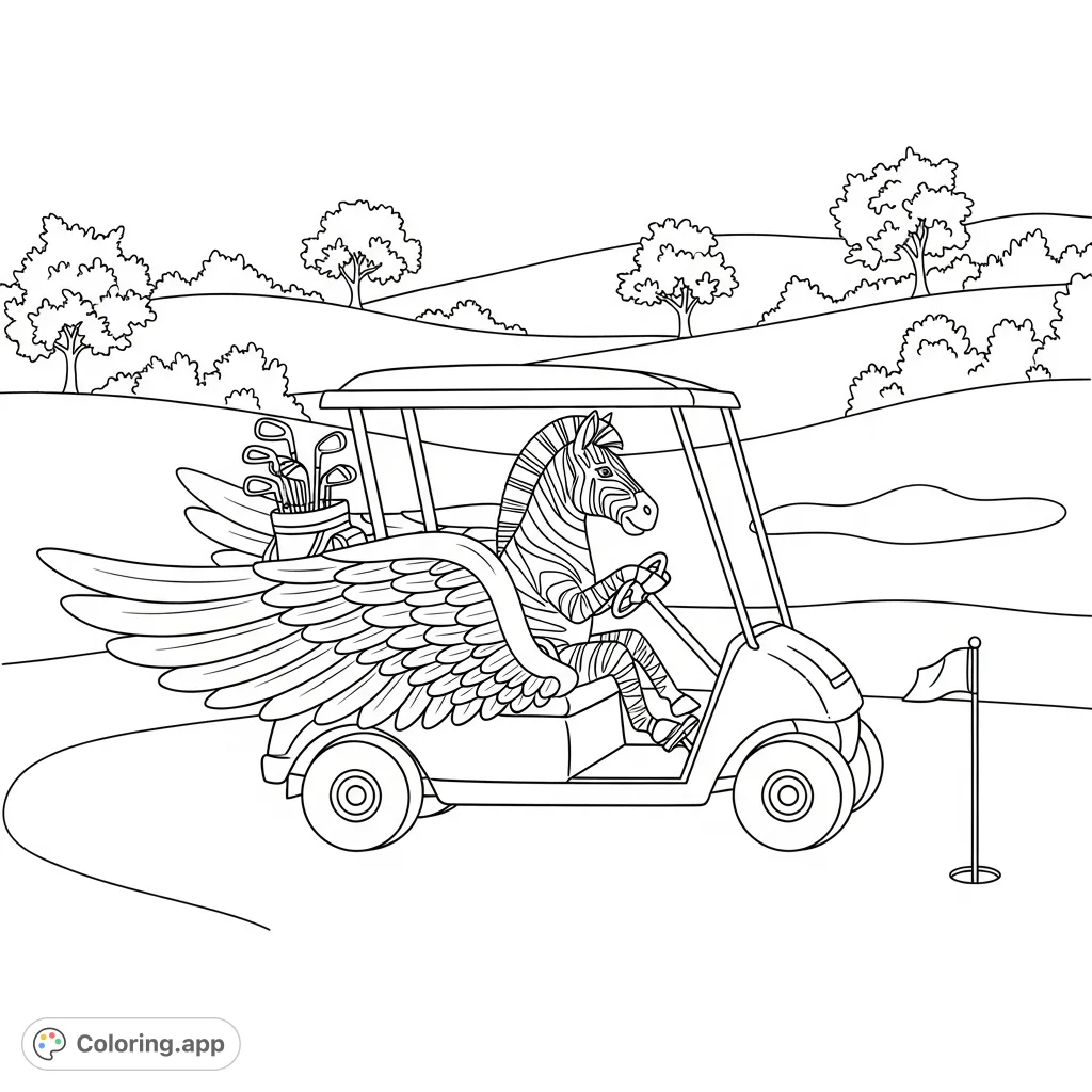 A whimsical coloring page featuring a zebra driving a winged golf cart across a golf course, blending fantasy and sport for a unique and imaginative scene.