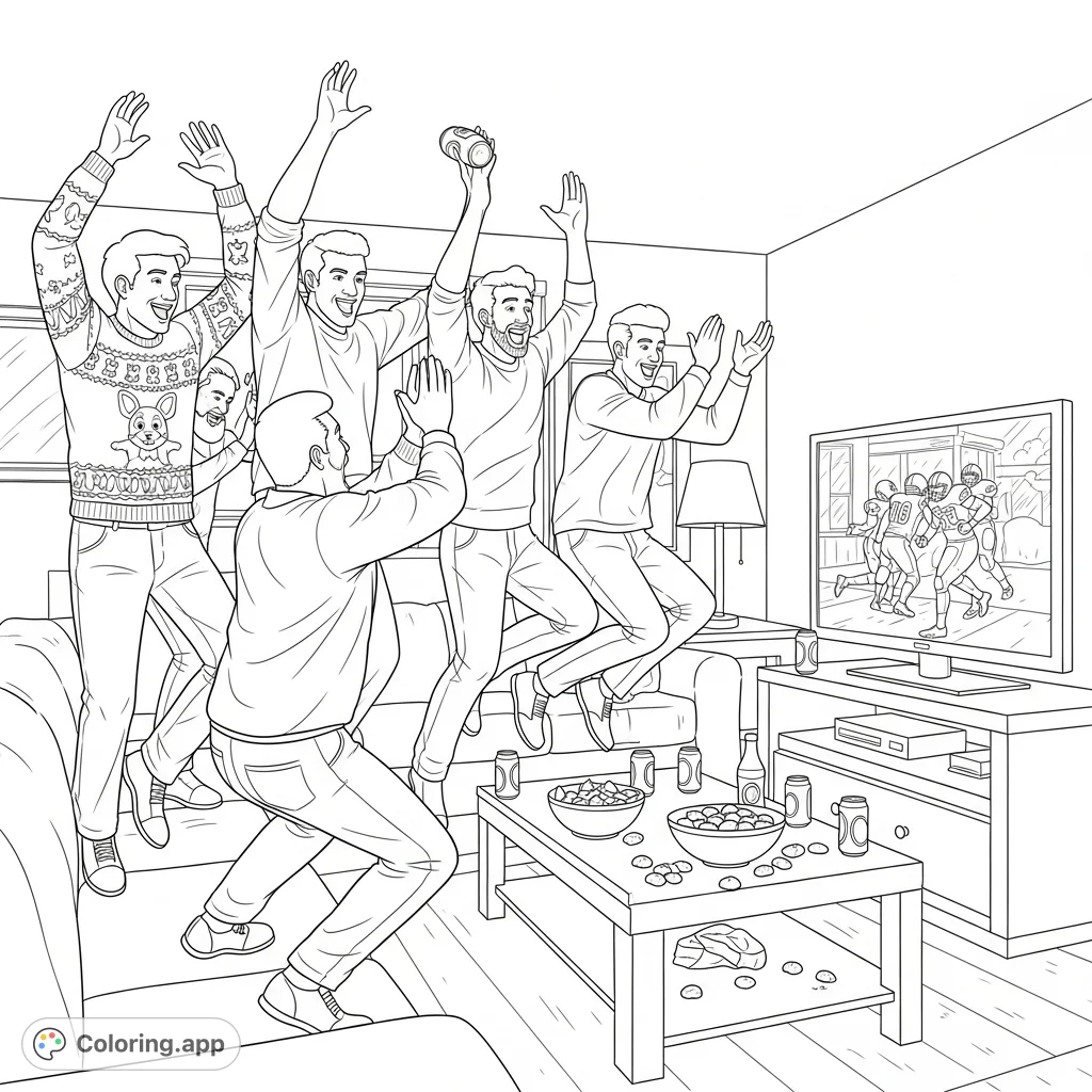 A lively scene of men celebrating a football game in a cozy den, complete with a turkey sweater and scattered snacks. Perfect for sports fans!