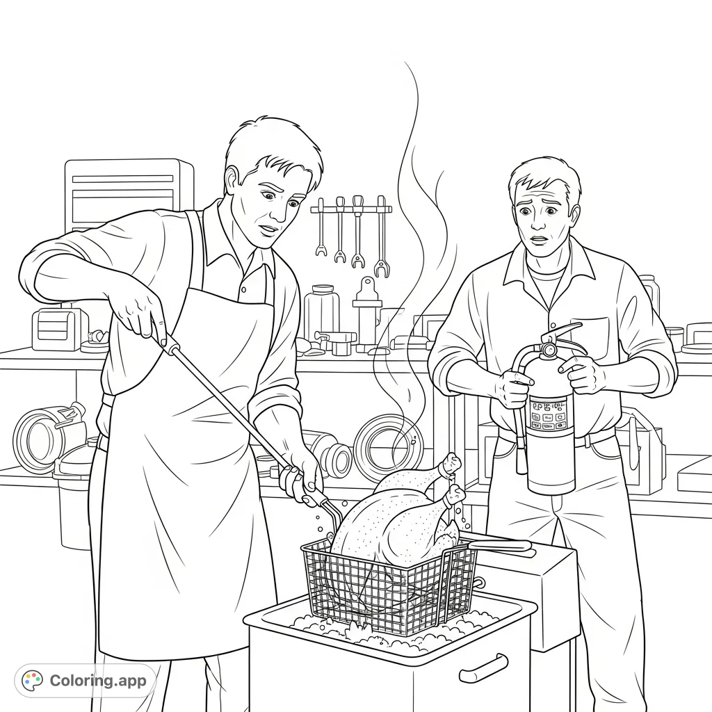 A humorous deep fryer turkey coloring page featuring two men in a cluttered garage, one frying a turkey, the other on fire extinguisher duty. Perfect for a laugh!