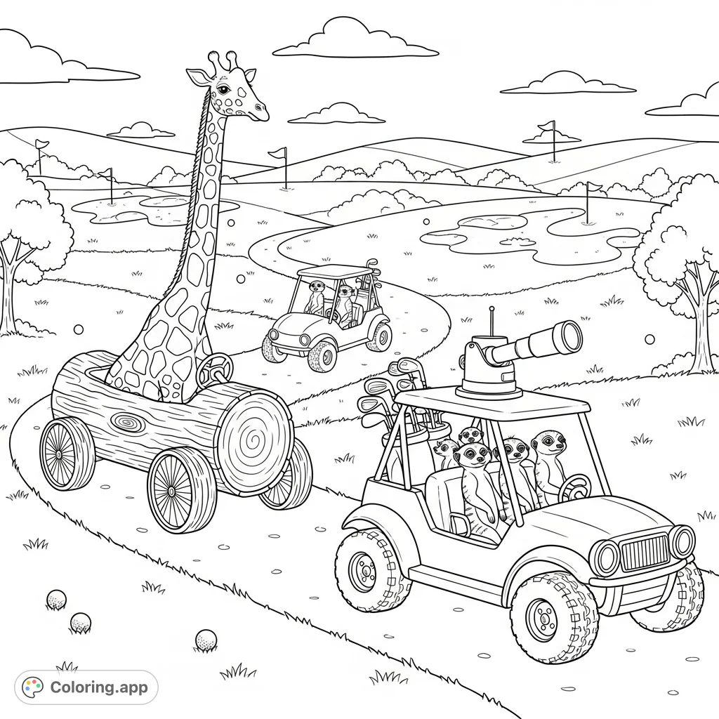 A whimsical golf course scene with a giraffe in a tree-trunk cart and meerkats in a desert buggy. A fun, free printable golf course coloring page for all ages!