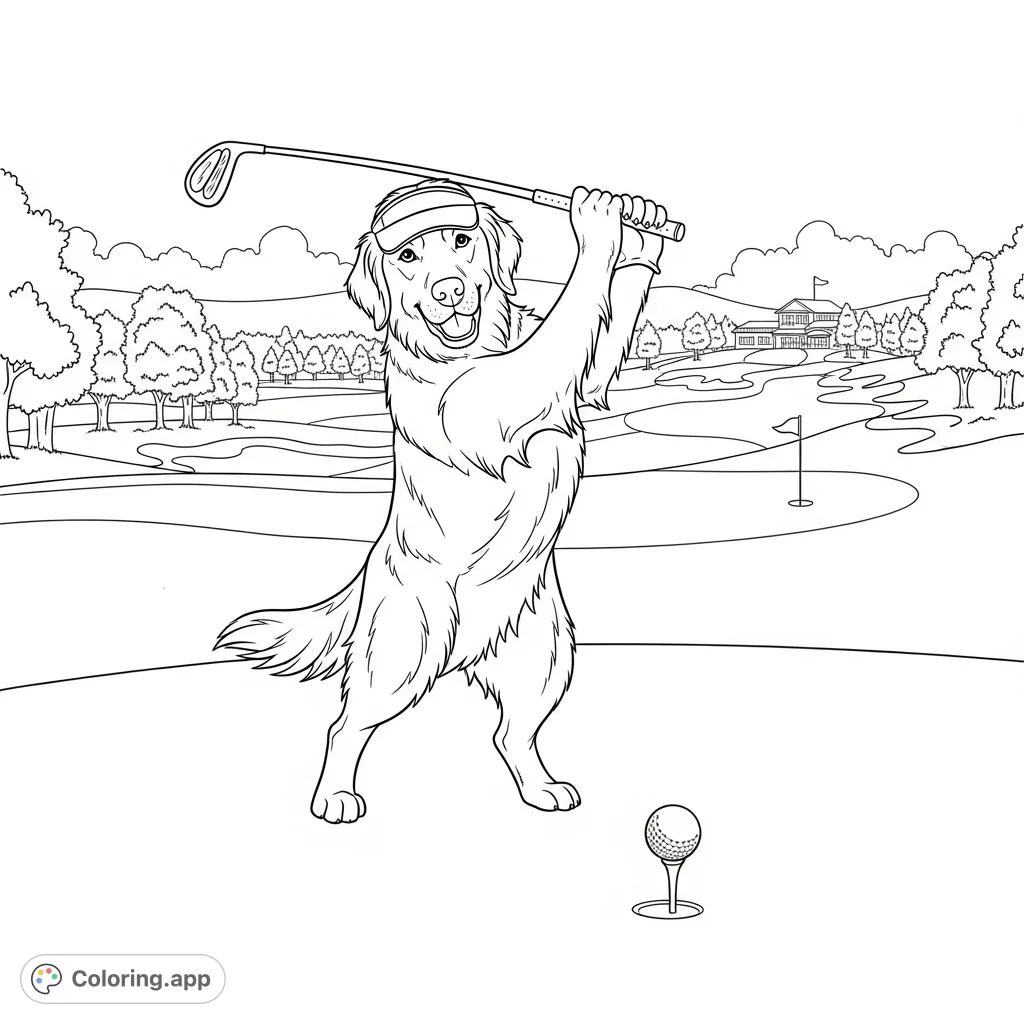 A charming Golden Retriever in a visor takes a powerful golf swing on a scenic golf course. Perfect for dog lovers and golf enthusiasts to color.