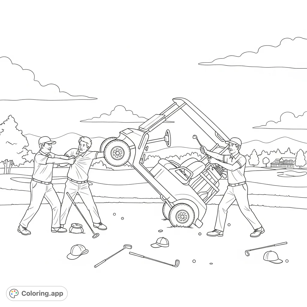 A hilarious golf course brawl unfolds with three men, a tilted golf cart, and scattered clubs, offering a comical scene for a unique coloring experience.