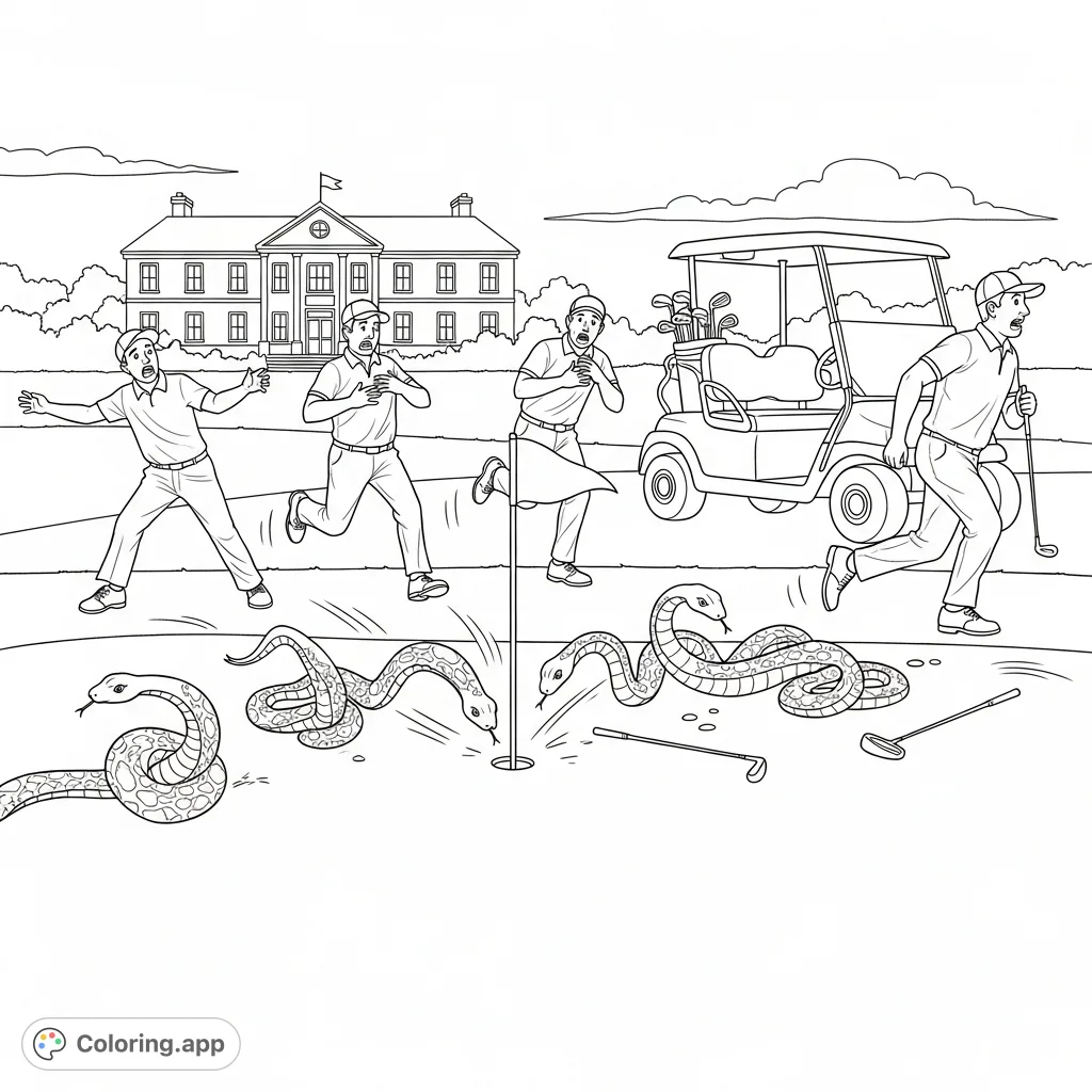 A humorous golfing mishap coloring page featuring panicked golfers scattering from slithering snakes on a putting green, with a golf cart and clubhouse.